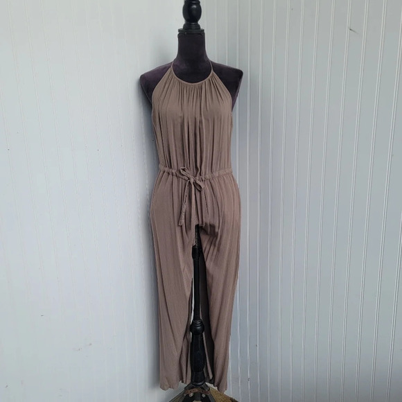 Angl Brown Beige Romper Halter Tie Neck Tie Waist Wide Legs Rayon Sz M - Picture 1 of 14